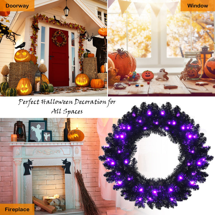 Chairliving 24 Inch Artificial Pre-lit Halloween Wreath with 35 Purple LED Lights