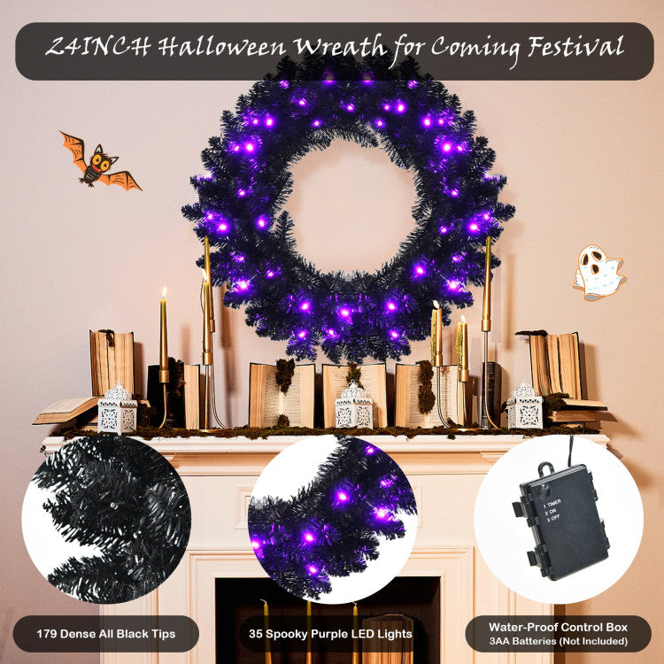 Chairliving 24 Inch Artificial Pre-lit Halloween Wreath with 35 Purple LED Lights