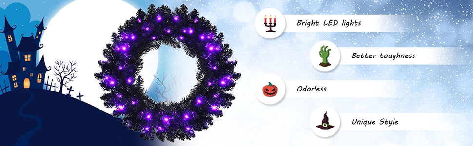 Chairliving 24 Inch Artificial Pre-lit Halloween Wreath with 35 Purple LED Lights