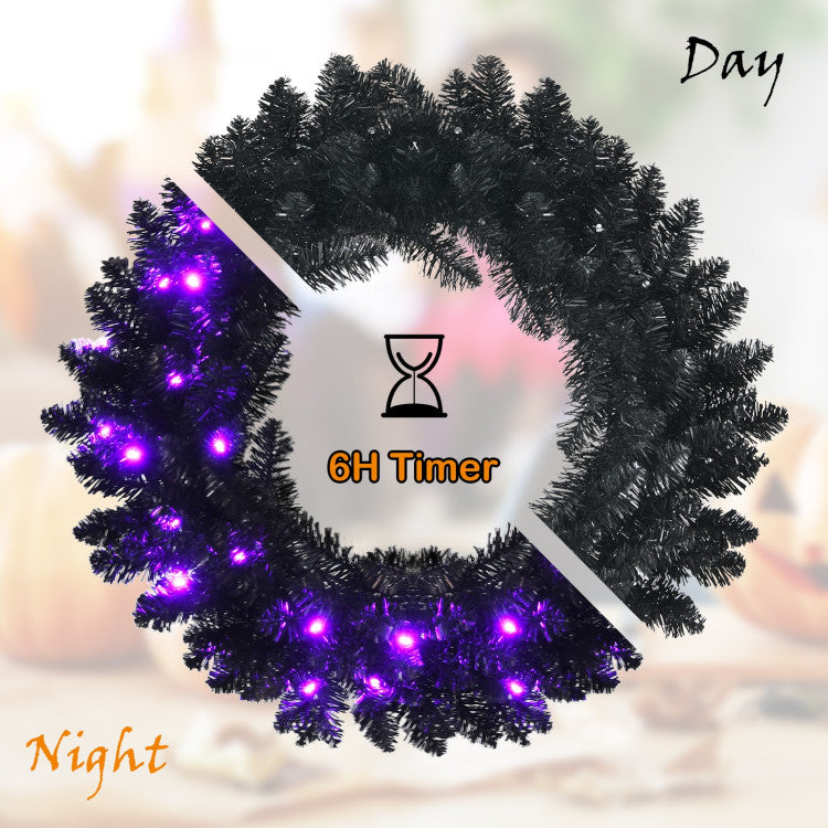 Chairliving 24 Inch Artificial Pre-lit Halloween Wreath with 35 Purple LED Lights