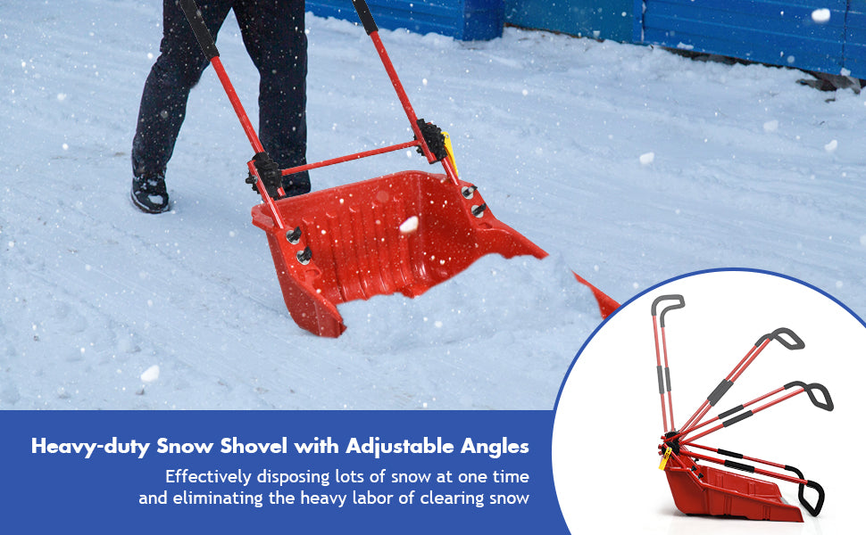Chairliving 24 x 26 Folding Snow Pusher Scoop Sleigh Shovel with U-Handle and Wheels for Walkways Backyard Driveway