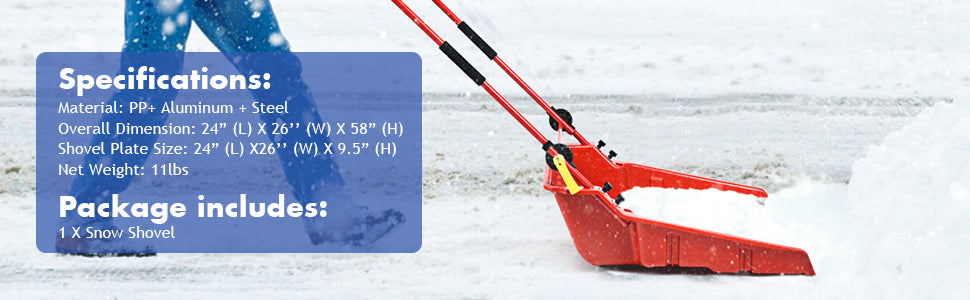 Chairliving 24 x 26 Folding Snow Pusher Scoop Sleigh Shovel with U-Handle and Wheels for Walkways Backyard Driveway