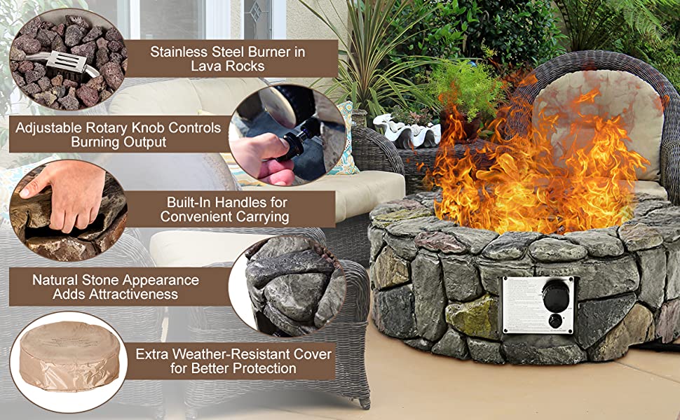 Chairliving 28 Inch 40000 BTU Outdoor Propane Gas Fire Pit Stainless-Steel Gas Burner with PVC Cover Lava Rock