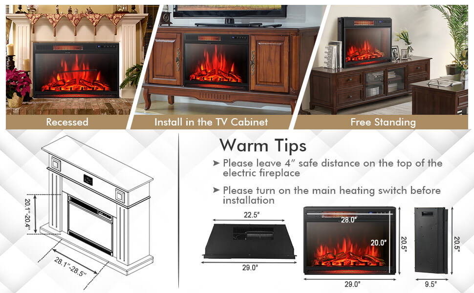 Chairliving 28 Inch Electric Fireplace Wall Recessed and Freestanding Heater with Remote Control and Touch Screen