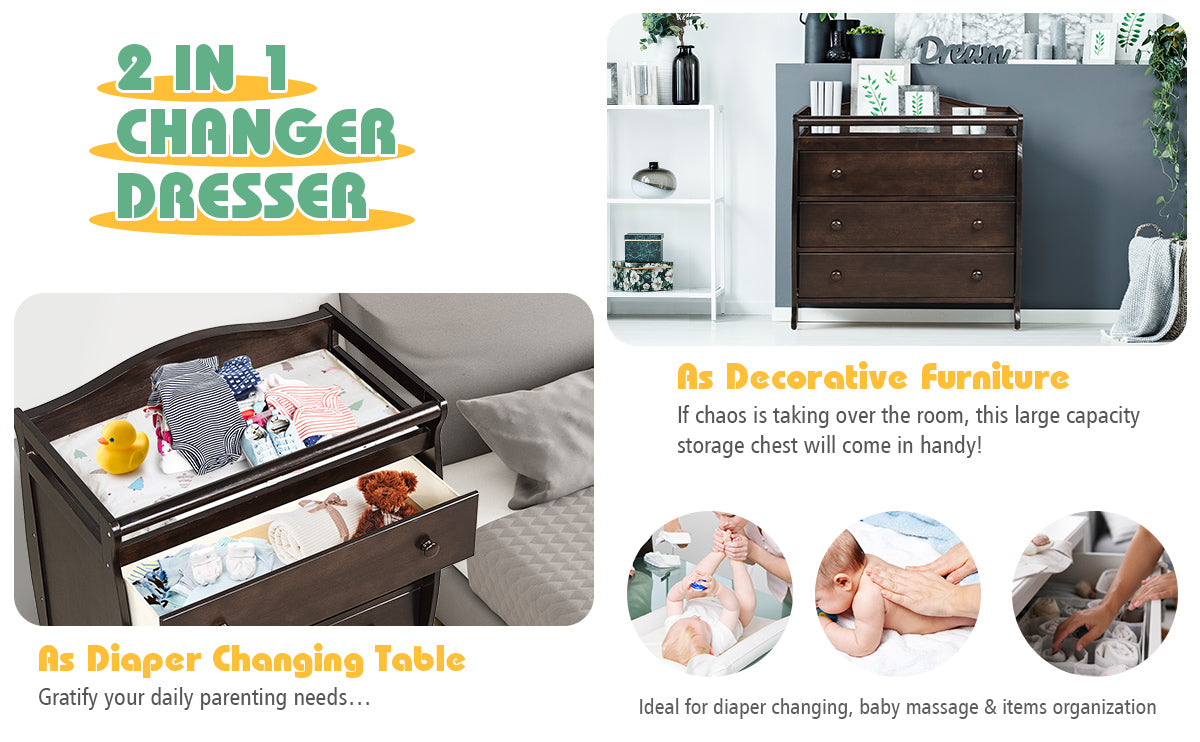 Chairliving 2 In 1 Baby Changer Dresser 3-Drawer Infant Diaper Changing Table with Safety Belt for Nursery