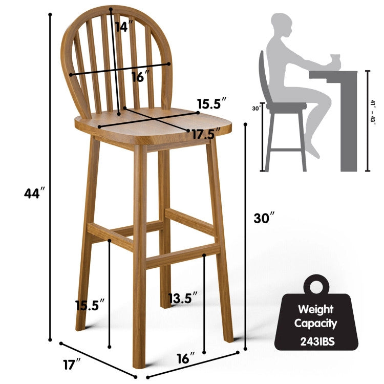 Chairliving 2 Pieces 30 Inch Height Wooden Bar Stools with Backrest and Footrest