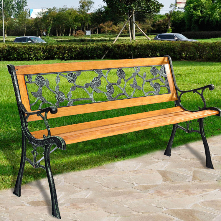 49.5 Inch Garden Resting Bench Outdoor Deck Hardwood Cast Iron Love Seat Patio Porch Chair with Armrests for 2 Person