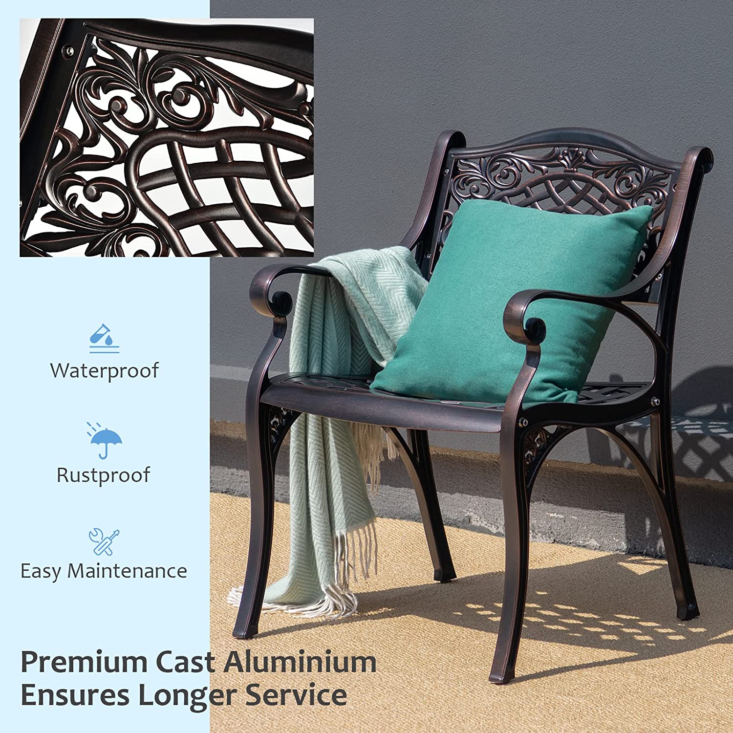 Chairliving 2 Pieces Outdoor Armchairs All-Weather Cast Aluminum Bistro Chairs Patio Dining Chairs with Armrests and Adjustable Feet