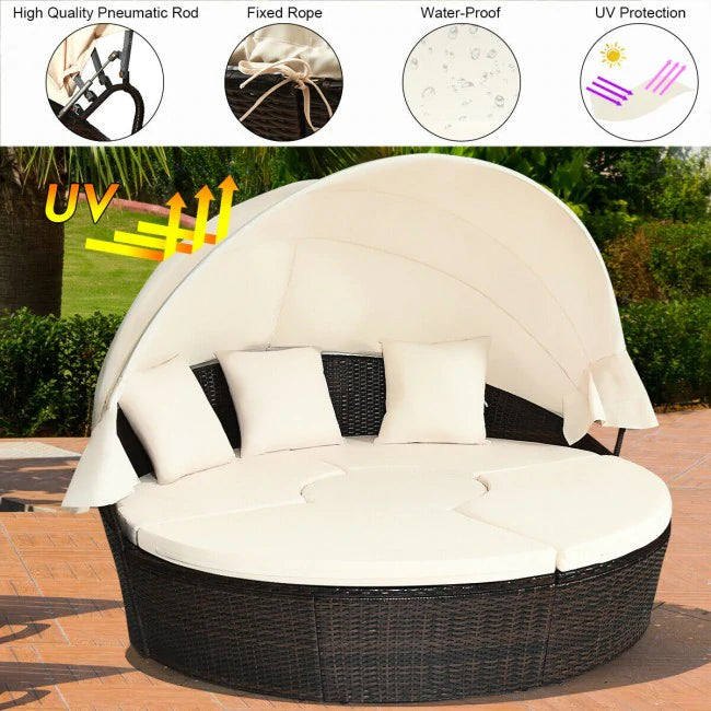 Patio Round Rattan Daybed Outdoor Wicker Furniture Sets With Retractable Canopy
