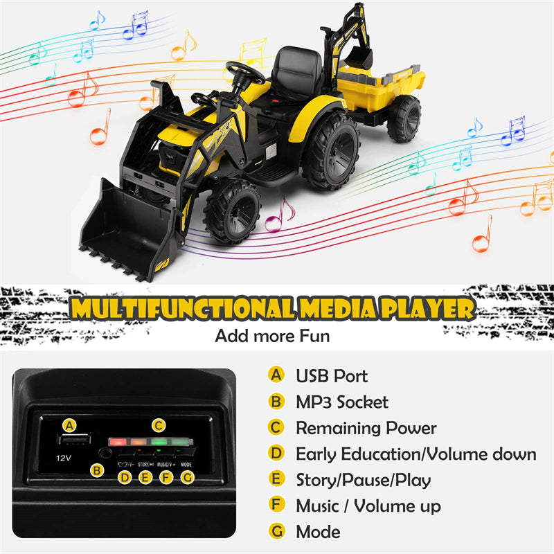 Chairliving 3-in-1 Kids Electric Ride-on Tractor Excavator Bulldozer 12V Battery Powered Toy Car with 2 Driving Modes