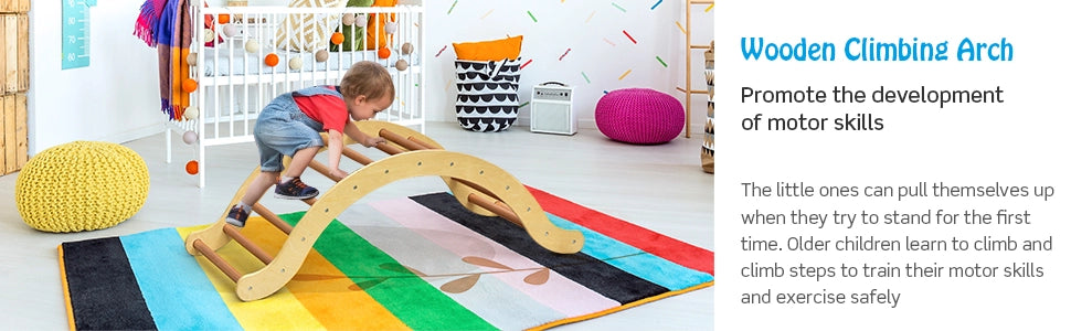Chairliving 3-in-1 Kids Montessori Wooden Arch Climber Ladder Set Toddlers Climbing Toys Triangle Rocker Playset with Ramp and Mat