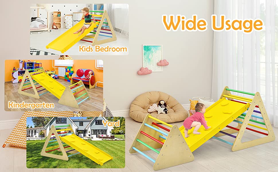 Chairliving 3-in-1 Kids Pikler Triangle Climber Toddler Wooden Climbing Triangle Set with Ladder & Slide for Boys Girls