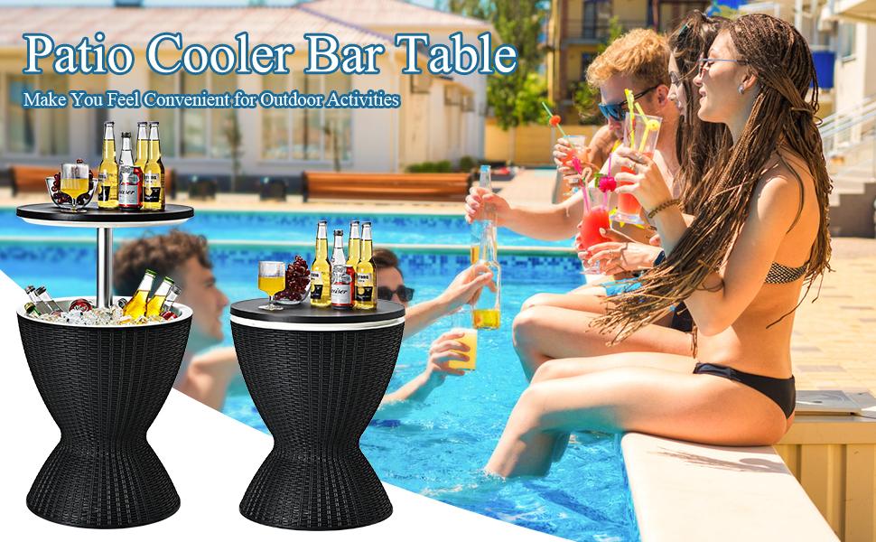 Chairliving 3-in-1 Outdoor Height Adjustable Cocktail Table Rattan Patio Cool Bar Table 8 Gallon Beer and Wine Cooler with Drainage Plug