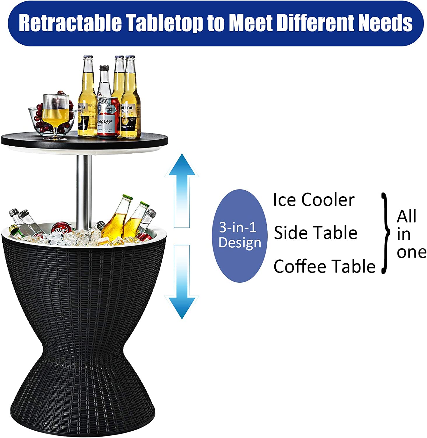 Chairliving 3-in-1 Outdoor Height Adjustable Cocktail Table Rattan Patio Cool Bar Table 8 Gallon Beer and Wine Cooler with Drainage Plug