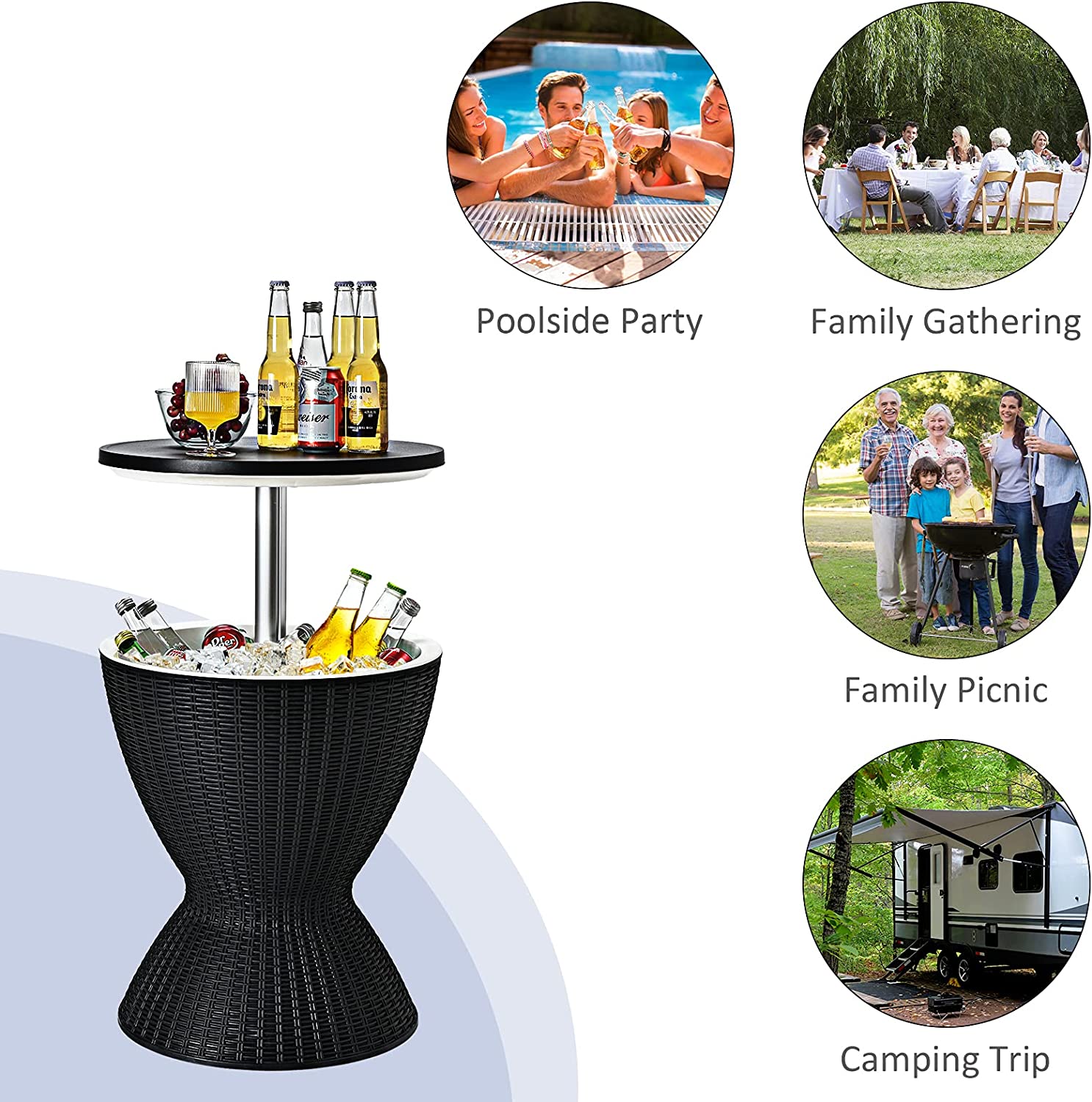 Chairliving 3-in-1 Outdoor Height Adjustable Cocktail Table Rattan Patio Cool Bar Table 8 Gallon Beer and Wine Cooler with Drainage Plug