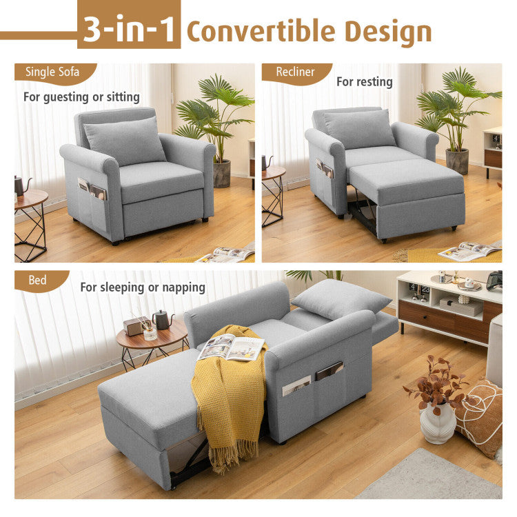 Chairliving 3-in-1 Pull-out Convertible Sleeper Chair Sofa Bed Adjustable Single Armchair with Side Pockets