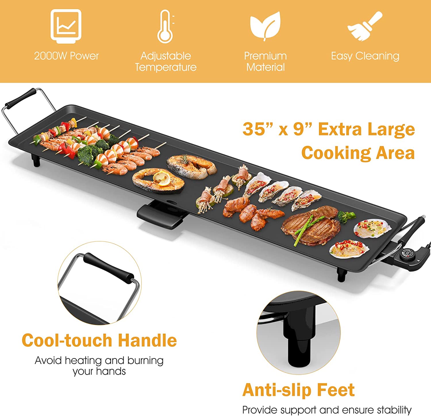 Chairliving 35 Electric Griddle Teppanyaki Grill BBQ Nonstick Extra Large Griddle Long Countertop with Adjustable Temperature for Pancake Barbecue