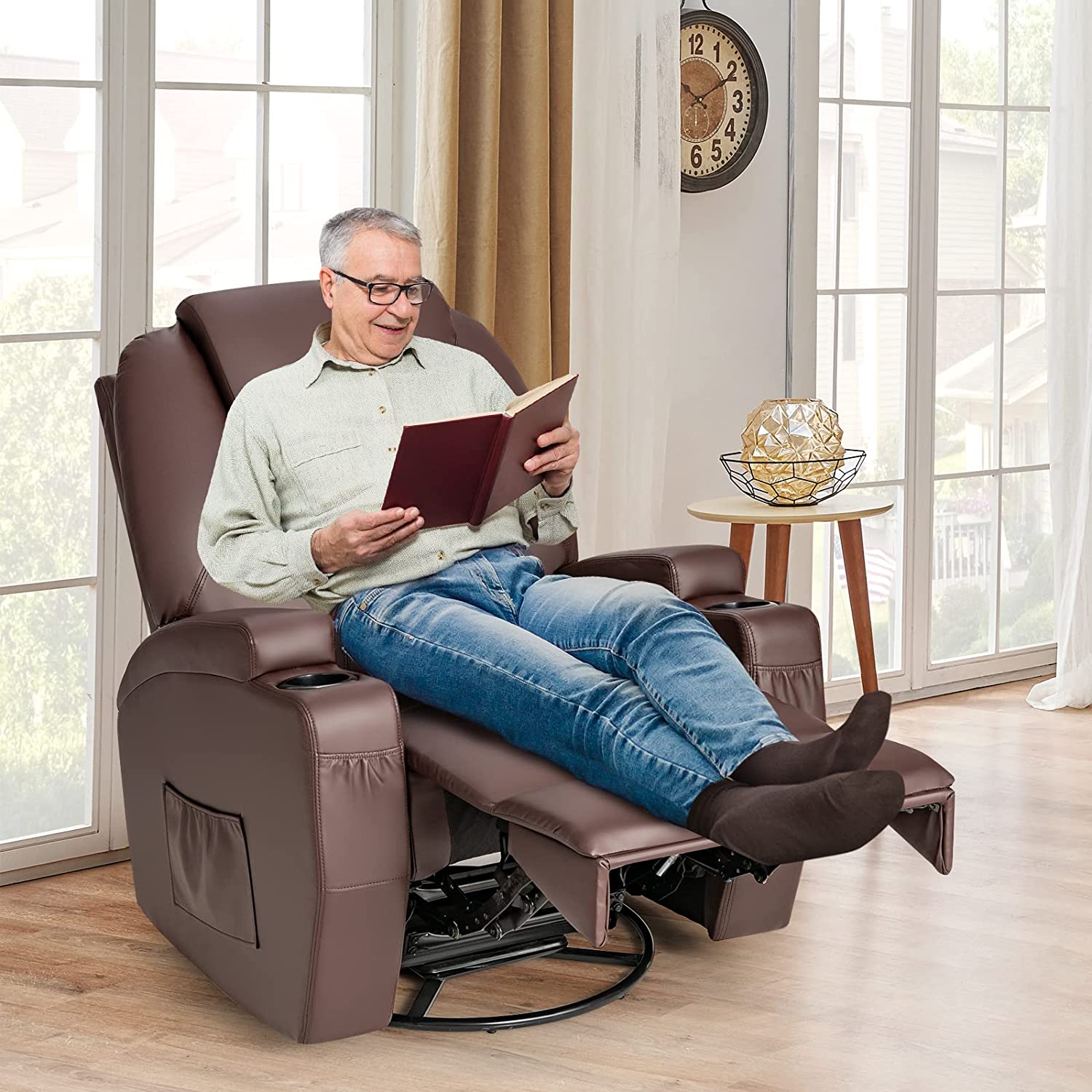 Chairliving 360 Degree Swivel Massage Recliner Chair Leather Glider Rocker Lounge Chair with Remote Control Lumbar Heating for Nursery