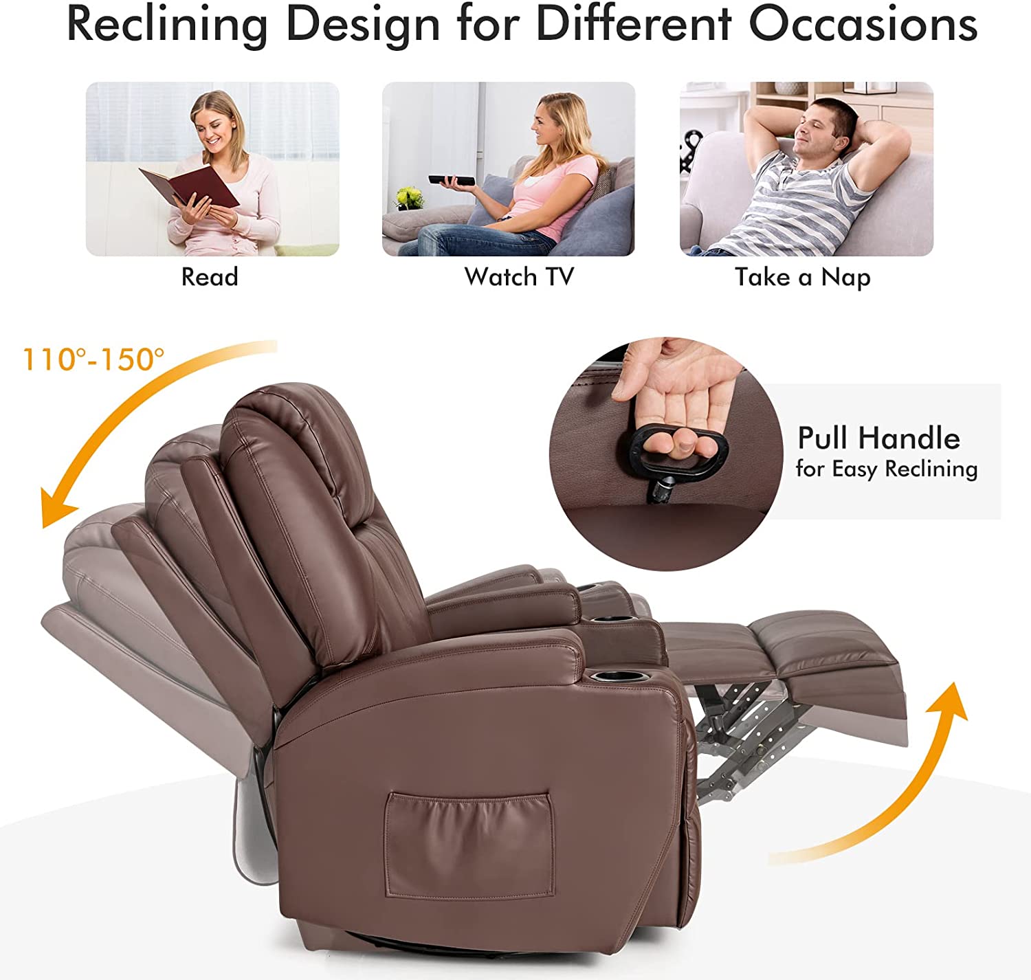 Chairliving 360 Degree Swivel Massage Recliner Chair Leather Glider Rocker Lounge Chair with Remote Control Lumbar Heating for Nursery