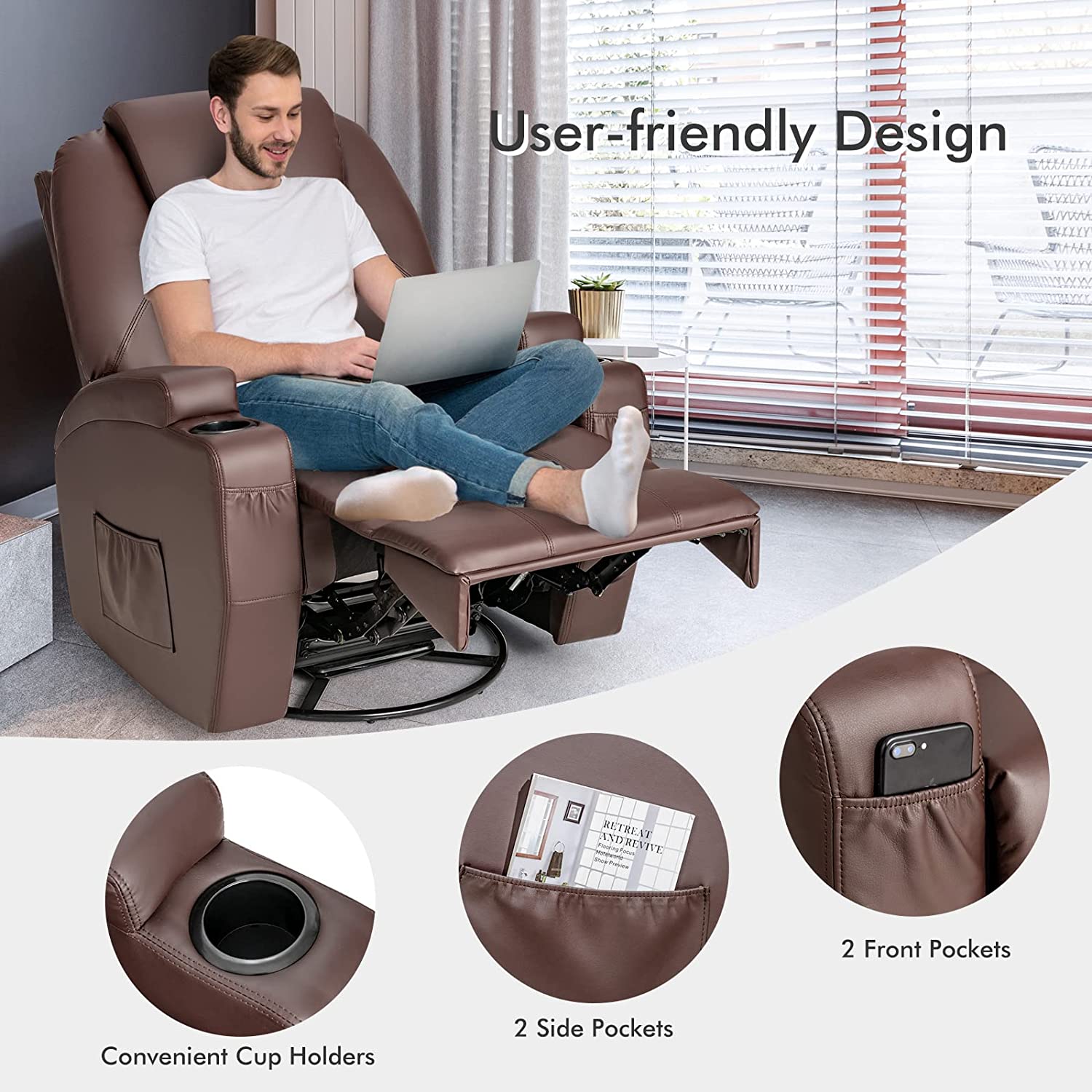 Chairliving 360 Degree Swivel Massage Recliner Chair Leather Glider Rocker Lounge Chair with Remote Control Lumbar Heating for Nursery