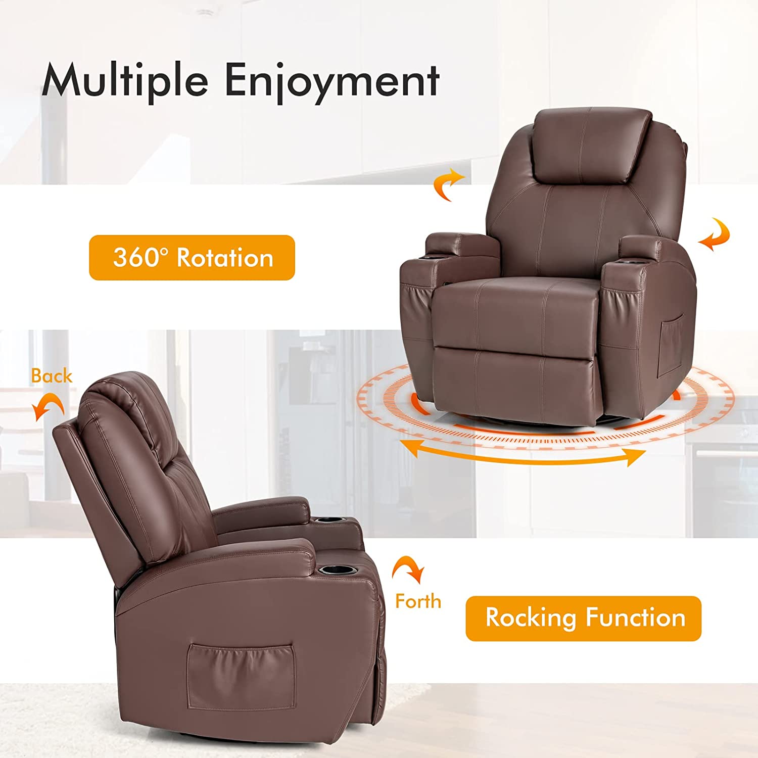 Chairliving 360 Degree Swivel Massage Recliner Chair Leather Glider Rocker Lounge Chair with Remote Control Lumbar Heating for Nursery