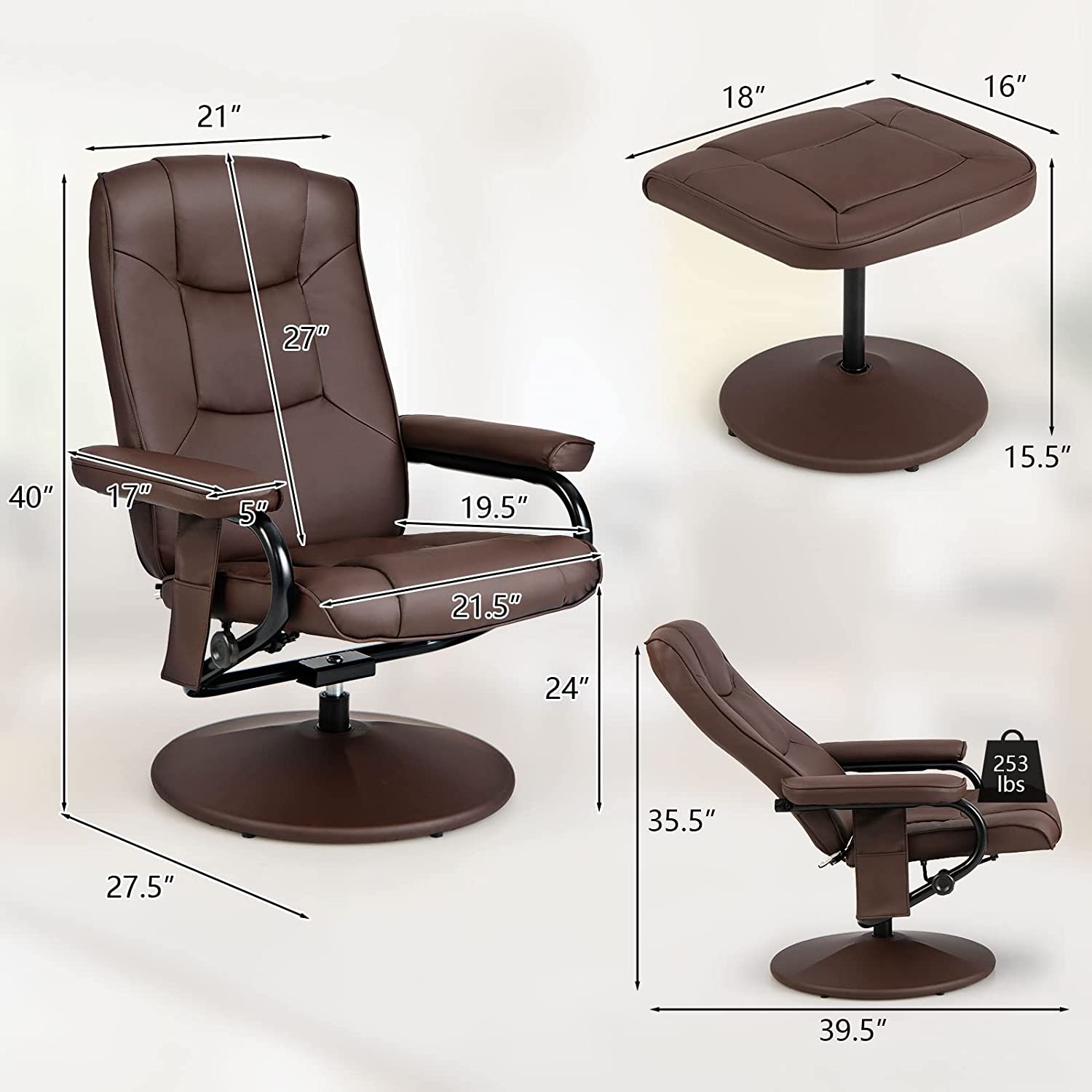 Chairliving 360° Swivel Recliner Armchair Faux Leather Massage Lounge Chair with Adjustable Backrest Remote Control