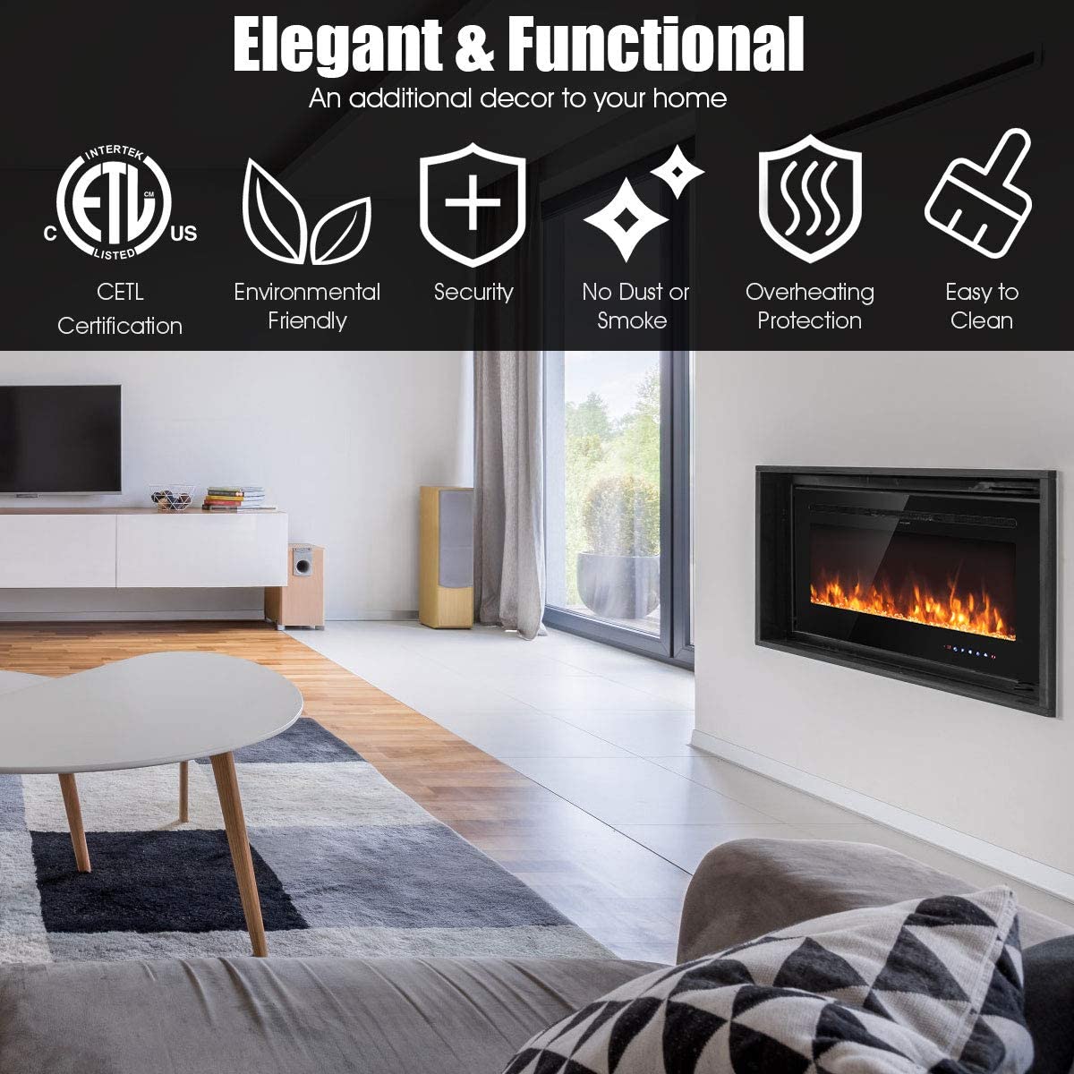 Chairliving 36 Inch Electric Wall Mounted Ultrathin Fireplace 1500W Faux Heater with LED Screen and Remote Control