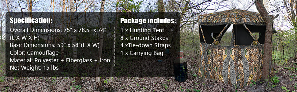 Chairliving 3 Person Pop up Ground Camo Deer Blind Portable Camouflage Hunting Blind Tent with 360 Degree Mesh Windows Carrying Bag