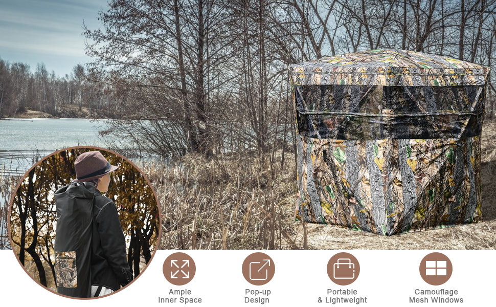 Chairliving 3 Person Pop up Ground Camo Deer Blind Portable Camouflage Hunting Blind Tent with 360 Degree Mesh Windows Carrying Bag