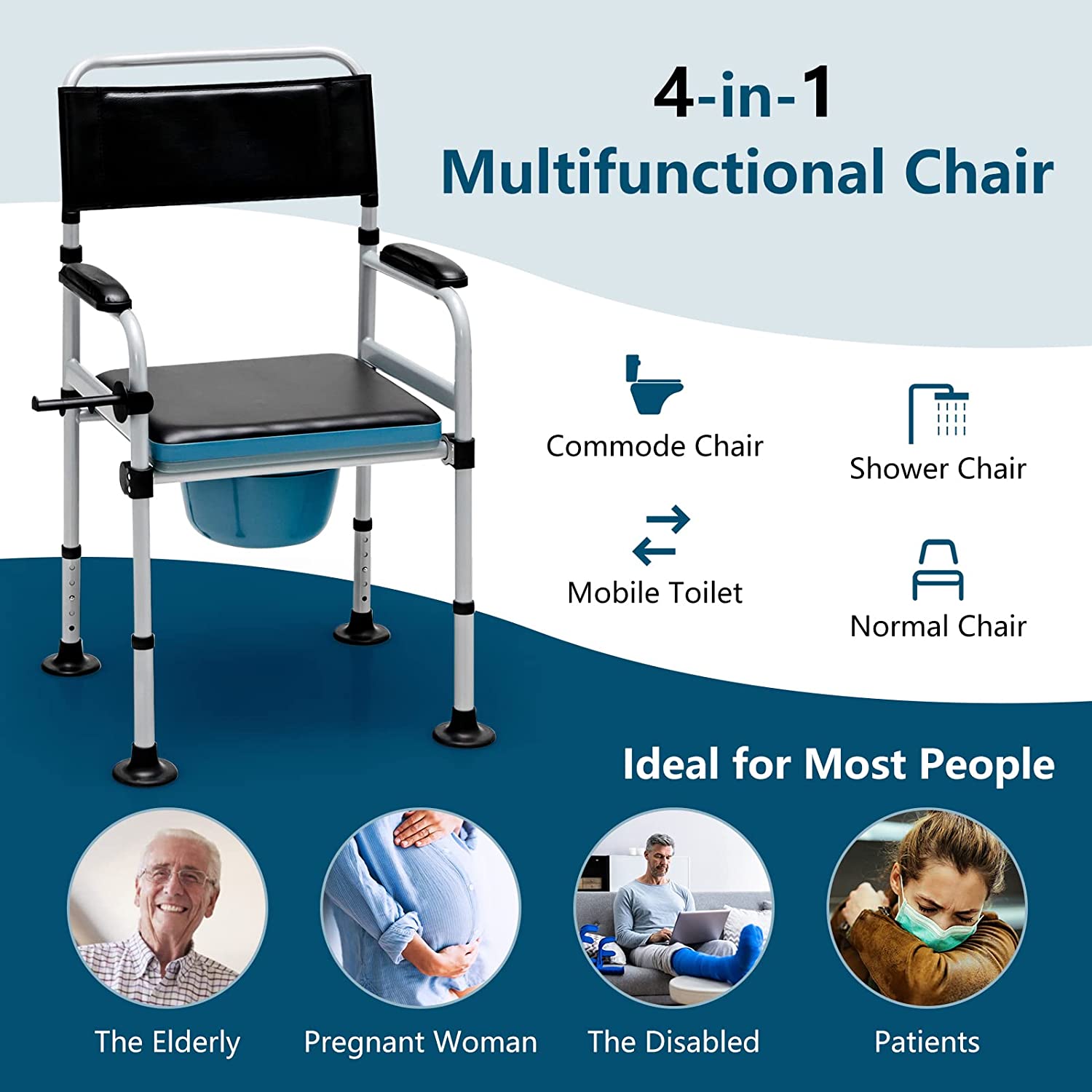 Chairliving 4-in-1 Folding Bedside Commode Chair 440lbs Height Adjustable Shower Chair Adult Potty Chair with Arms Padded Seat for Seniors