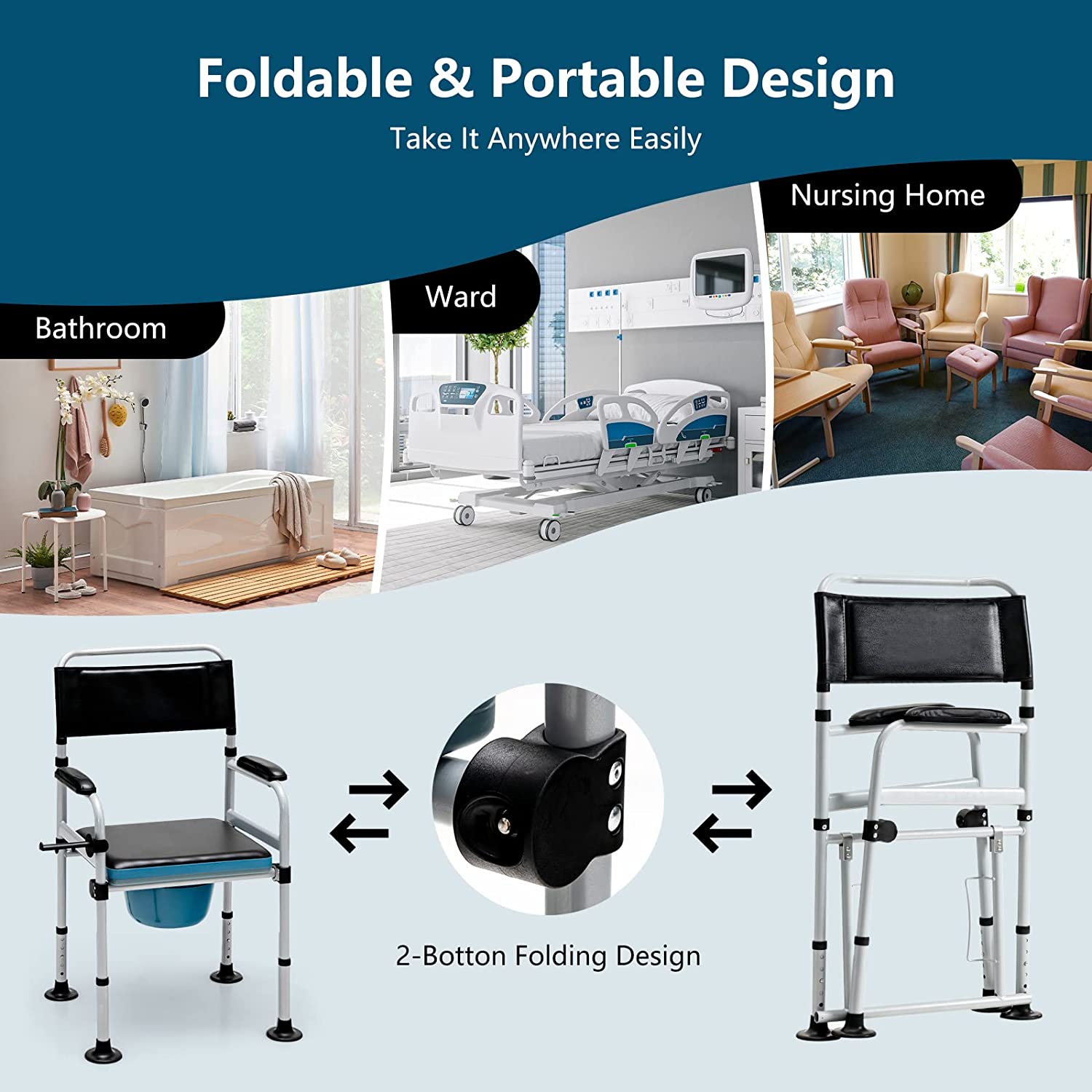 Chairliving 4-in-1 Folding Bedside Commode Chair 440lbs Height Adjustable Shower Chair Adult Potty Chair with Arms Padded Seat for Seniors