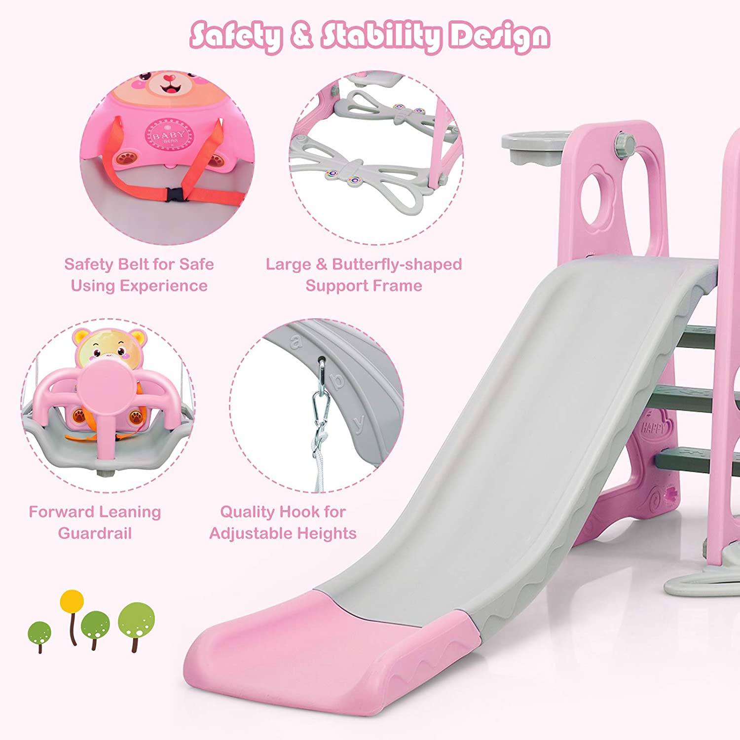 Chairliving 4-in-1 Kids Swing and Slide Set Toddler Climber Slide Playset with Basketball Hoop Safety Belt