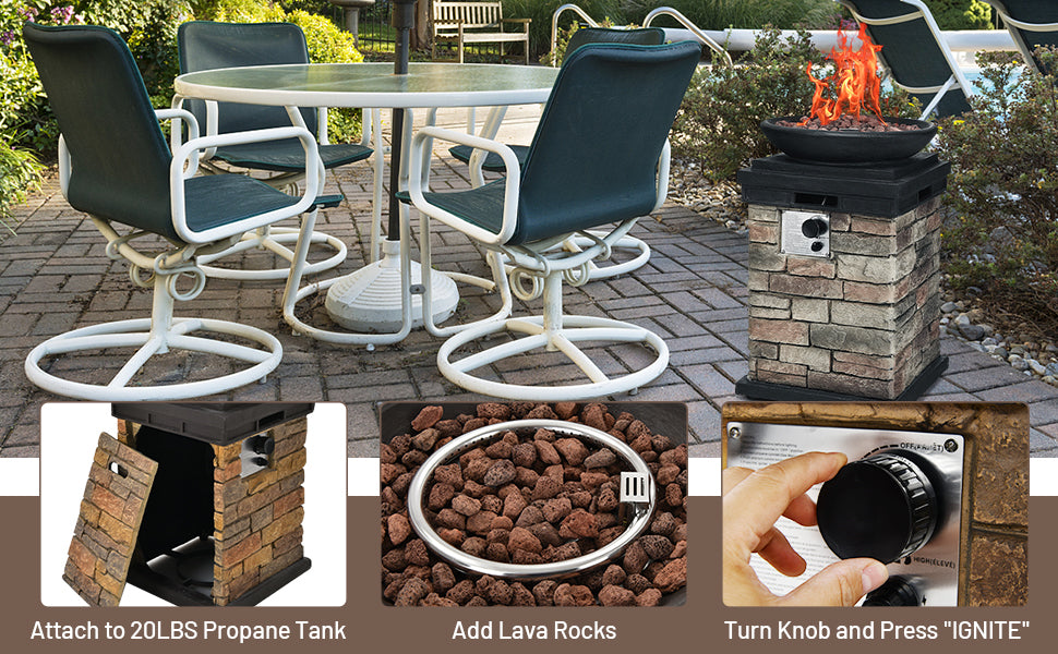 Chairliving 40000BTU Outdoor Propane Fire Pit Table Burning Firebowl Column Firepit Heater with Lava Rocks and PVC Cover