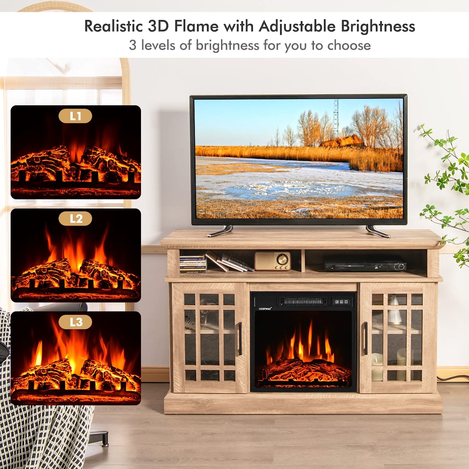 Chairliving 48 Inch Wooden TV Stand Console Table with 1400W Electric Fireplace and Open Storage