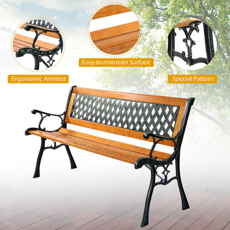 Chairliving 49.5 Outdoor Deck Hardwood Cast Iron Bench Patio Porch Chair Love Seat Garden Large Seating with Armrest