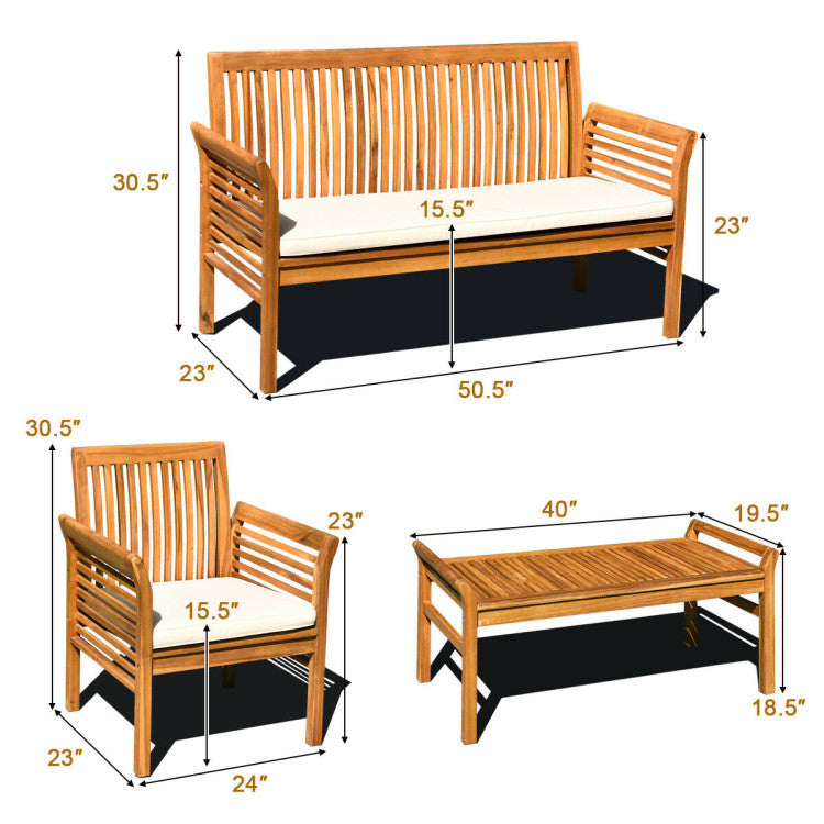 Chairliving 4 Pieces Outdoor Acacia Wood Sofa Furniture Set Conversation Set with Comfortable Cushion