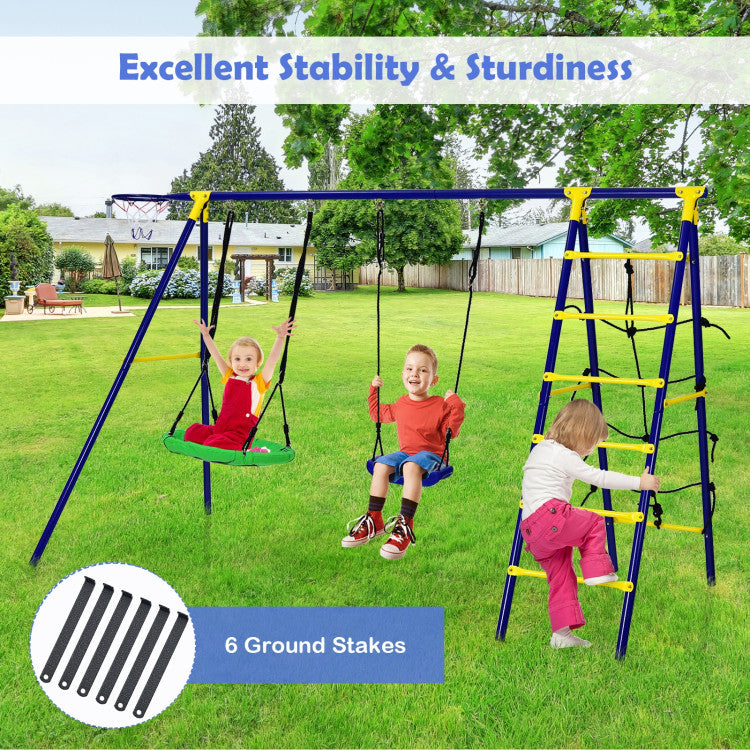 Chairliving 5-In-1 Outdoor Kids Combo Swing Set with Climbing Net Ladder Belt Swing Basketball Hoop Ground Stakes