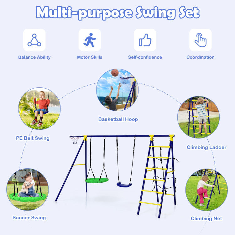 Chairliving 5-In-1 Outdoor Kids Combo Swing Set with Climbing Net Ladder Belt Swing Basketball Hoop Ground Stakes