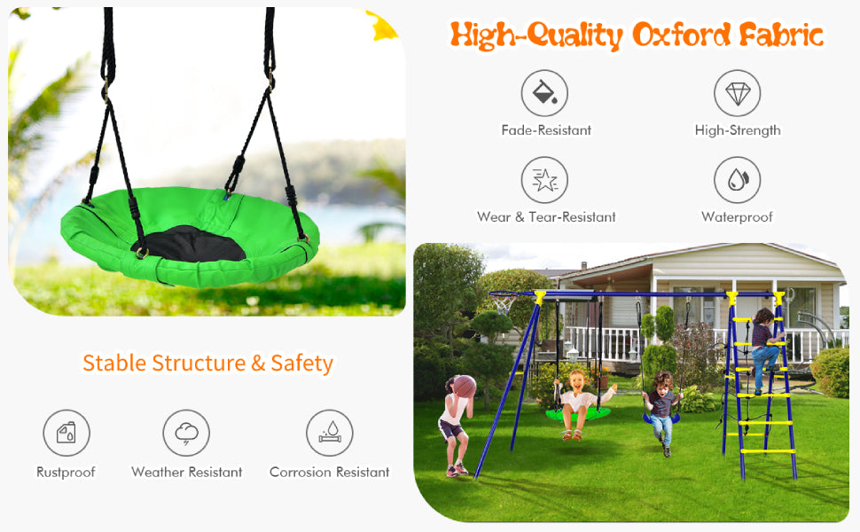 Chairliving 5-In-1 Outdoor Kids Combo Swing Set with Climbing Net Ladder Belt Swing Basketball Hoop Ground Stakes