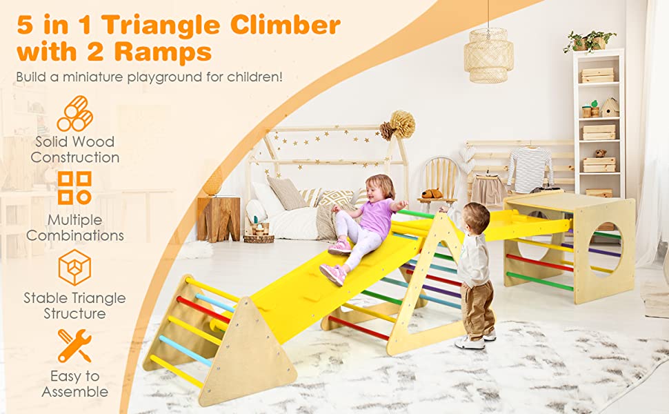 Chairliving 5-in-1 Kids Triangle Climber Wooden Climbing Toys Toddler Montessori Play Gym Set Playground Climbing Ladder with 2 Ramp