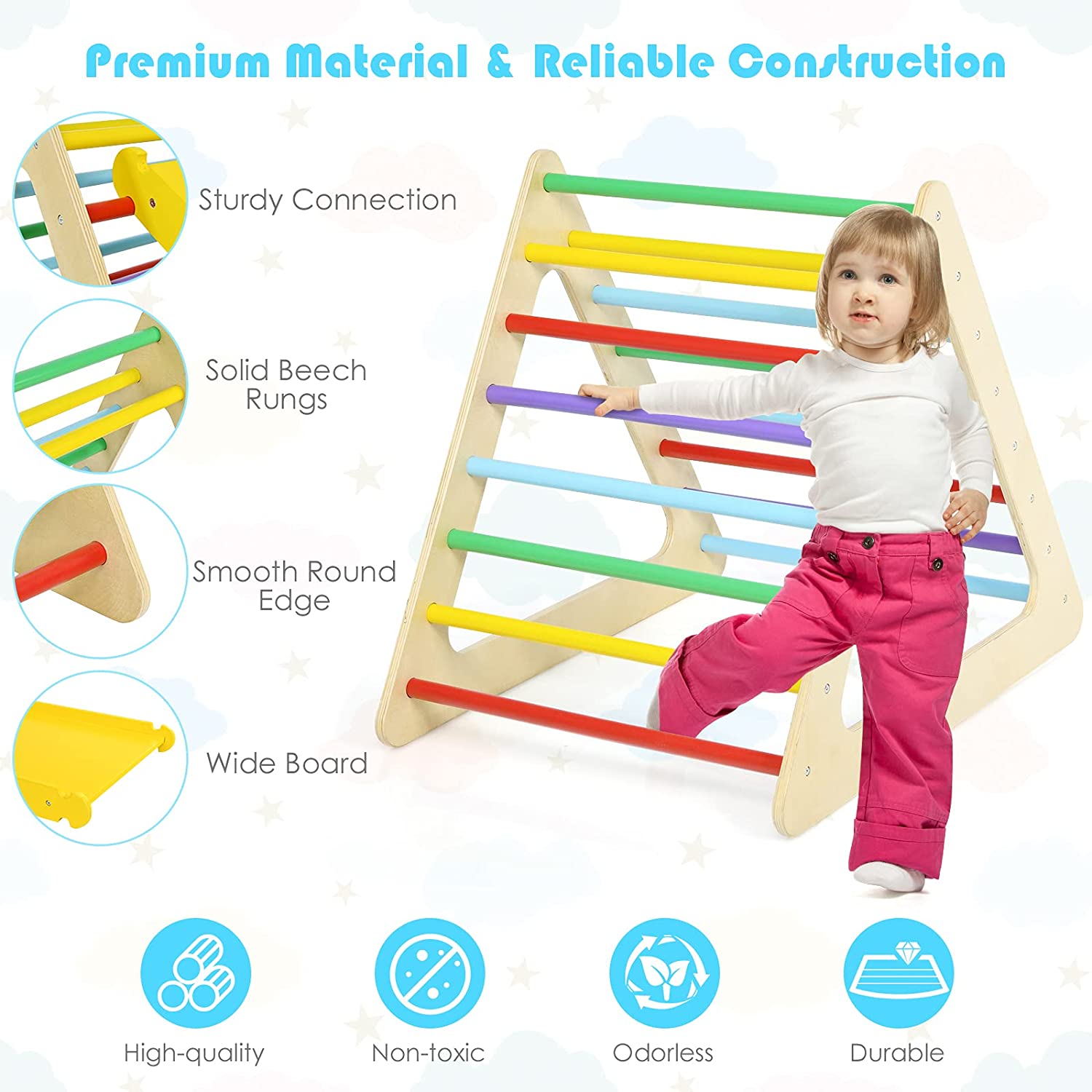Chairliving 5-in-1 Kids Triangle Climber Wooden Climbing Toys Toddler Montessori Play Gym Set Playground Climbing Ladder with 2 Ramp