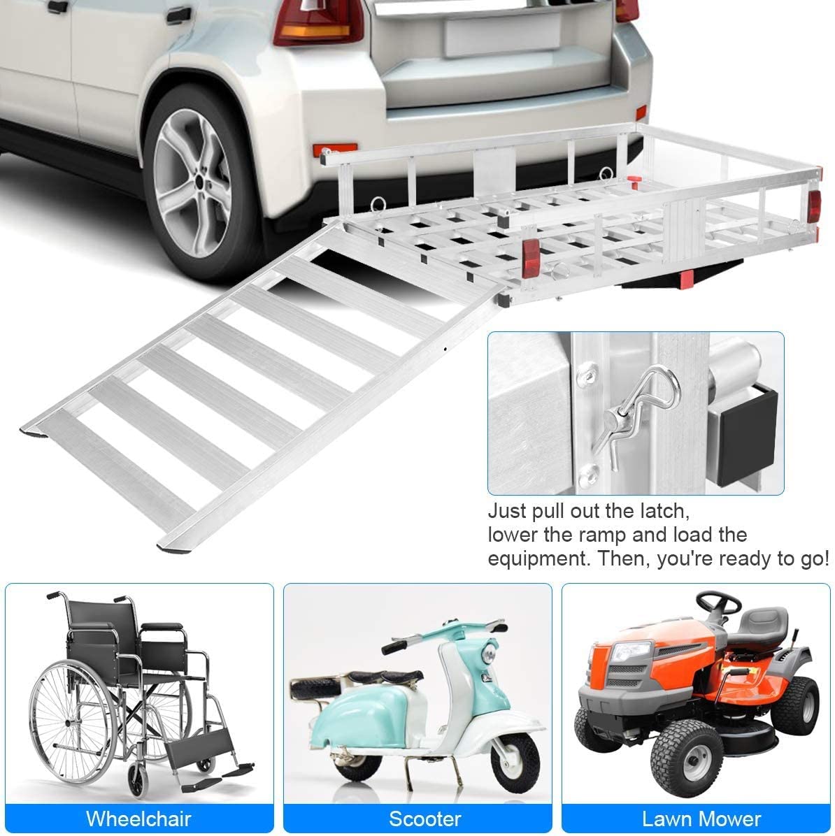 Chairliving 50 x 29.5 Aluminum Cargo Carrier 500 lbs Hitch-Mounted Wheelchair Scooter Mobility Carrier Medical Lift Rack Ramp