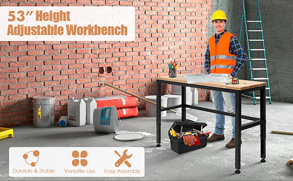 Chairliving 53 Inch Adjustable Heavy-Duty Workbench Oak Hardwood Workstation with Rubber Wood Top for Garage Workshop