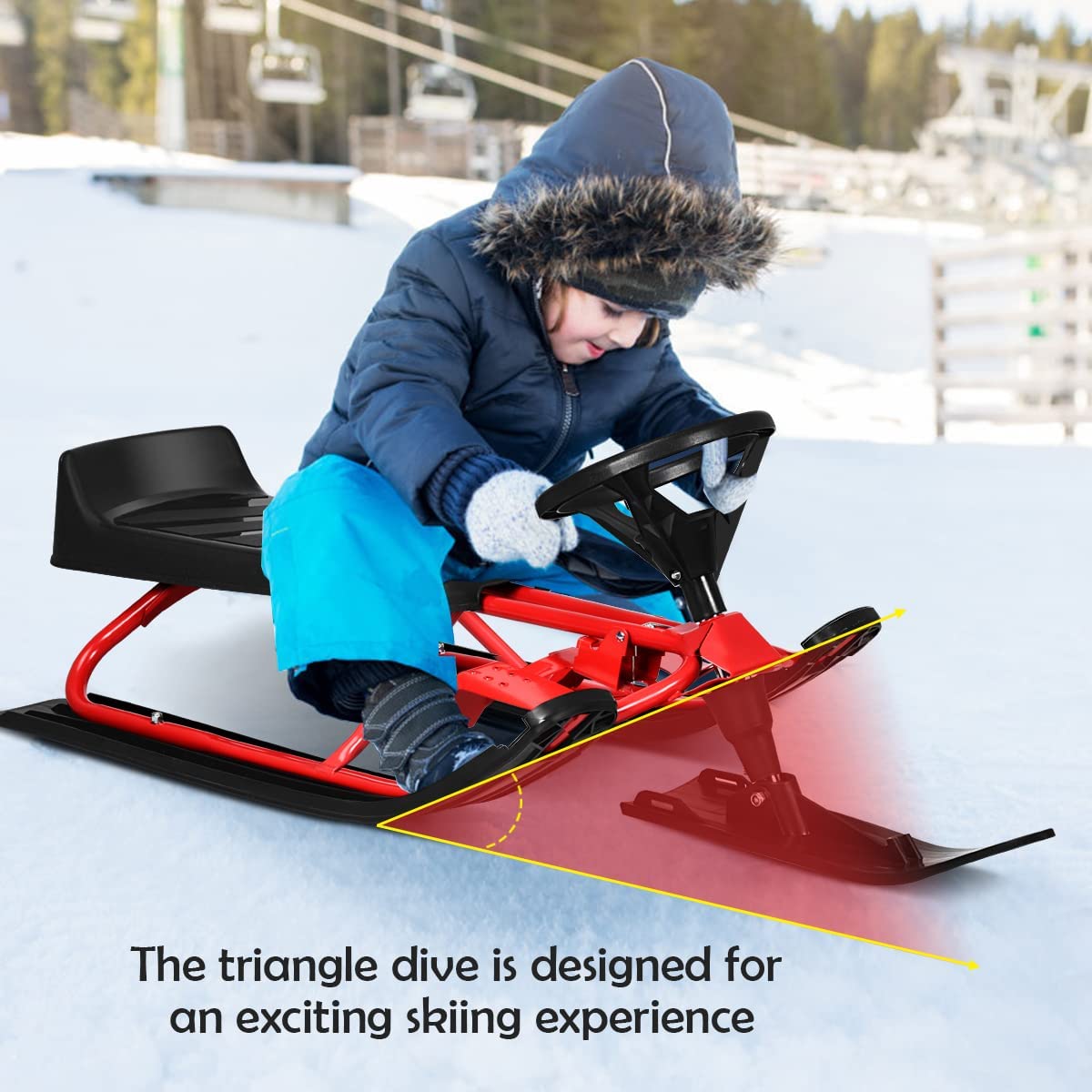 Chairliving 55.5 x 23.5 Inch Snow Racer Sled Ski Sled Slider Board with Twin Brakes and Steering Wheel Retractable Pull Rope