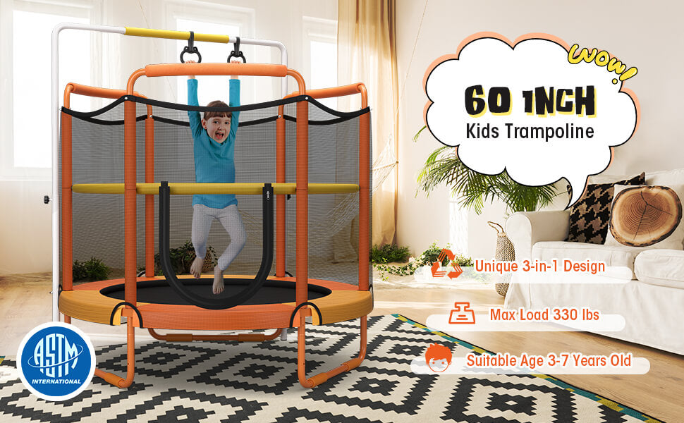Chairliving 5FT Outdoor Kids Trampoline 3-in-1 ASTM Approved Toddler Game Trampoline with Adjustable Horizontal Bar Enclosure Safety Net