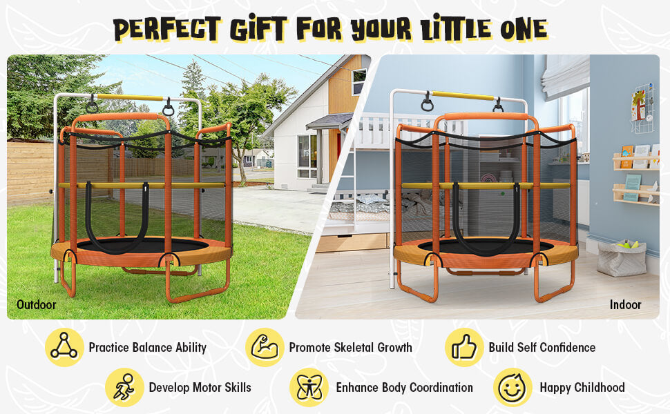 Chairliving 5FT Outdoor Kids Trampoline 3-in-1 ASTM Approved Toddler Game Trampoline with Adjustable Horizontal Bar Enclosure Safety Net