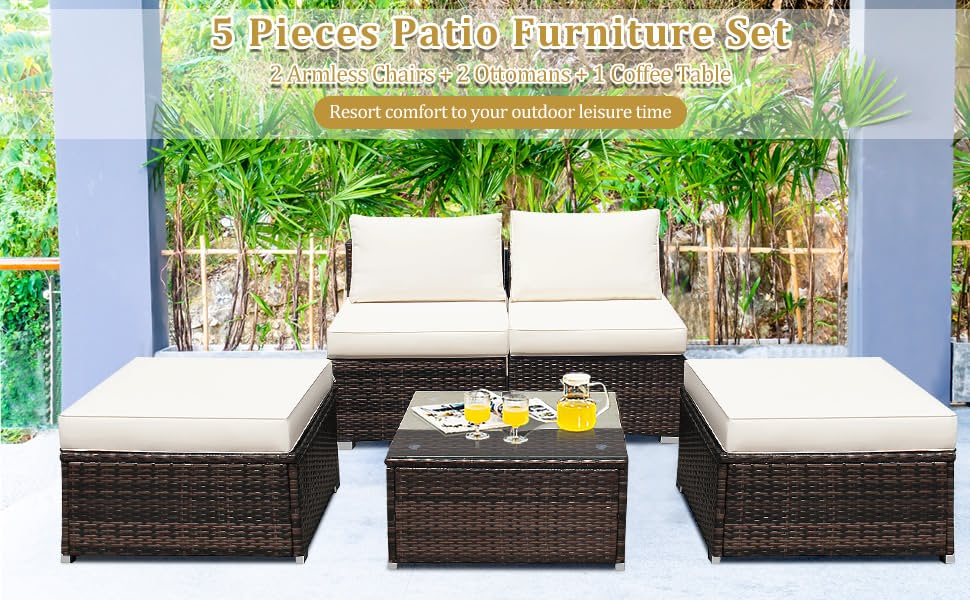 Chairliving 5 Pieces Outdoor Rattan Furniture Set Wicker Lounge Chair Conversation Set with Washable Cushions