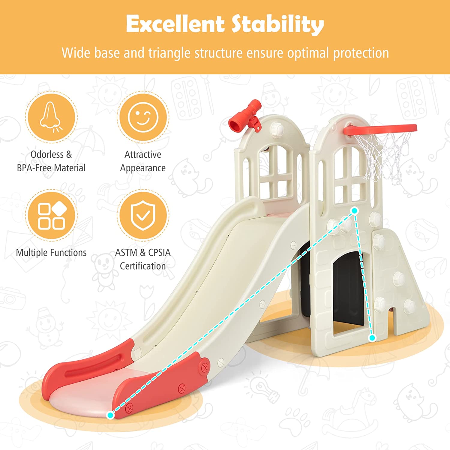 Chairliving 6-In-1 Freestanding Kids Large Slide Toddler Climber Slide Playset with Basketball Hoop Ring Toss