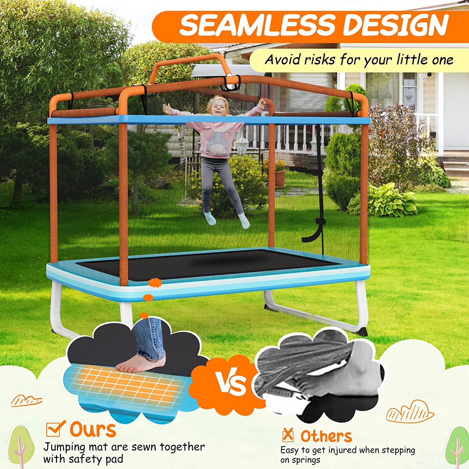 Chairliving 6FT Kids Trampoline 3-in-1 Mini Toddler Rectangle Trampoline with Enclosure Safety Net Seamless Spring Cover