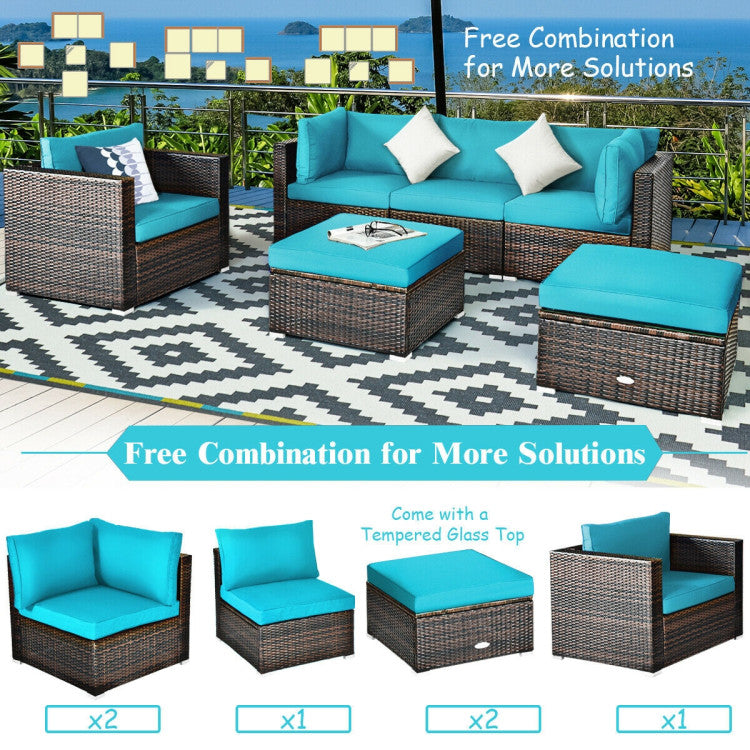 Chairliving 6 Pieces Outdoor Rattan Furniture Set Patio Wicker Sectional Conversation Sofa Set with Cushions and Coffee Table